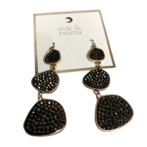 evie & emma Gold Graduated Hematite Stone Encrusted Triple Drop Earrings Black - Picture 1 of 6